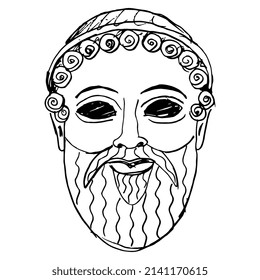 Head of ancient Greek god. Bearded male face. Mask of Poseidon or Zeus. Hand drawn linear doodle rough sketch. Black silhouette on white background.