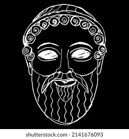 Head of ancient Greek god. Bearded male face. Mask of Poseidon or Zeus. Hand drawn linear doodle rough sketch. White silhouette on black background.