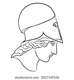 Head of ancient Greek goddess Athena Pallas or Minerva wearing helmet. Black and white linear silhouette.