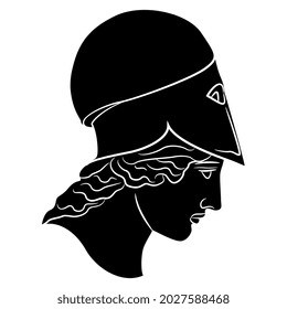 Head Of Ancient Greek Goddess Athena Pallas Or Minerva Wearing Helmet. Black And White Negative Silhouette.