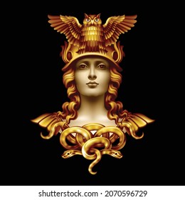 Head of the ancient Greek goddess Athena full face on a black background