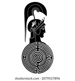 Head of ancient Greek goddess Athena Pallas on top of a round spiral maze or labyrinth symbol. Black and white silhouette. Creative concept.