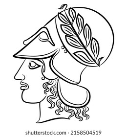 Head of ancient Greek goddess Athena Pallas or Minerva in a helmet and laurel wreath. Black and white linear silhouette. Isolated vector illustration.