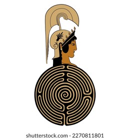 Head of the ancient Greek goddess Athena Pallas wearing helmet on top of a round spiral maze or labyrinth symbol. Creative concept for antique culture. Isolated vector illustration.