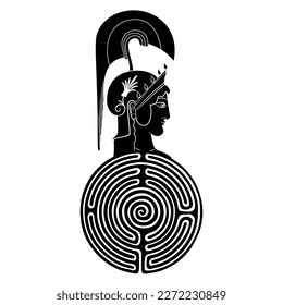 Head of the ancient Greek goddess Athena Pallas wearing helmet on top of a round spiral maze or labyrinth symbol. Creative concept for antique culture. Black and white silhouette.