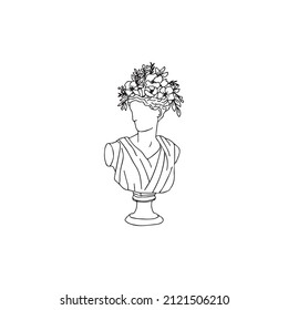 Head of Ancient Greek goddess with blooming flower and leaves sprouting from it. Female face sculpture as a vase pot, Creative concept for interior design. Vector doodle Illustration