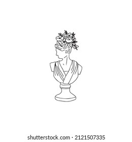 Head of Ancient Greek goddess with blooming flower and leaves sprouting from it. Female face sculpture as a vase pot, Creative concept for interior design. Vector doodle Illustration