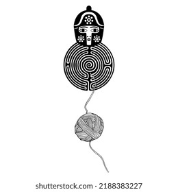 Head of ancient Greek hero in a helmet on top of a round spiral maze or labyrinth symbol and a yarn ball. Ariadne's thread. Creative mythological concept. Black and white silhouette.