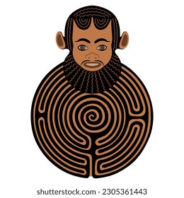 Head of ancient Greek satyr on a round spiral maze or labyrinth symbol. Creative mythological design. Symbol of antique culture. Isolated vector illustration.
