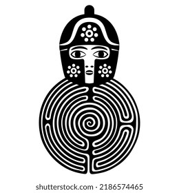 Head of ancient Greek warrior or goddess Athena in a helpet on top of a round spiral maze or labyrinth symbol. Creative concept. Black and white silhouette.