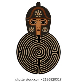 Head of ancient Greek warrior or goddess Athena in a helmet on top of a round spiral maze or labyrinth symbol. Creative concept.