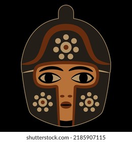 Head of ancient Greek warrior in a helmet. Ethnic folk style. On black background.