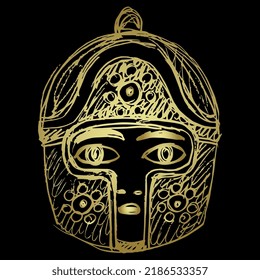 Head of ancient Greek warrior in a helmet. Ethnic folk style. Hand drawn linear doodle rough sketch. Golden silhouette on black background.