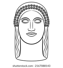 Head of ancient Greek woman or goddess. Aphrodite or Persephone. Helen of Troy. Female portrait. Black and white linear silhouette.