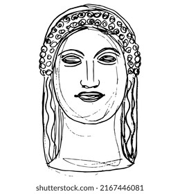 Head Of Ancient Greek Woman Or Goddess. Aphrodite Or Persephone. Helen Of Troy. Female Portrait. Hand Drawn Linear Doodle Rough Sketch. Black Silhouette On White Background.