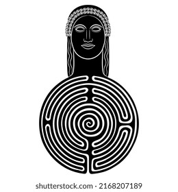 Head of ancient Greek woman or goddess on a round spiral maze or labyrinth symbol. Ariadne. Helen of Troy. Creative concept. Black and white silhouette.