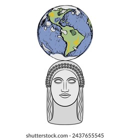 Head of Ancient Greek woman holding planet earth. Goddess Gaia. Creative mythological environmental concept.