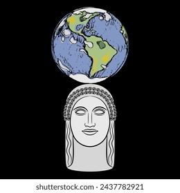 Head of Ancient Greek woman holding planet earth. Goddess Gaia. Creative mythological environmental concept. On black background.