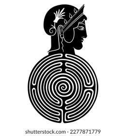 Head of ancient Greek woman on a round spiral maze or labyrinth symbol. Ariadne. Creative mythological concept. Black and white negative silhouette. 