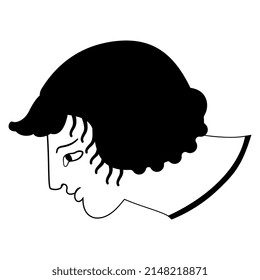 Head of ancient Greek youth. Black and white silhouette. Isolated vector illustration.