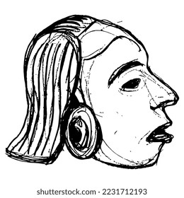 Head of ancient Mayan man. Native American Indigenous Indian art. Hand drawn rough sketch. Black silhouette on white background.