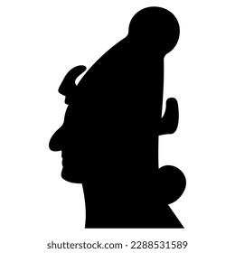 Head of ancient Mesopotamian man wearing hat. Ancient Syrian design from Karkemish. Male portrait in profile. Black silhouette on white background.