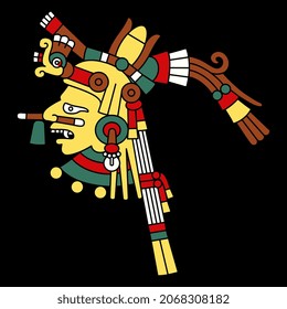 Cabeza del antiguo dios o diosa azteca mexicano. Ilustración del códice. Arte nativo americano. Sobre fondo negro.