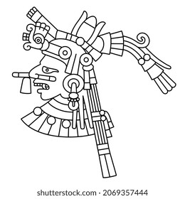 Head of ancient Mexican Aztec god or goddess. Codex illustration. Native American art. Black and white linear silhouette.