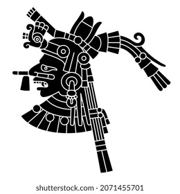 Cabeza del antiguo dios o diosa azteca mexicano. Ilustración del códice. Arte nativo americano. Silueta negativa en blanco y negro.