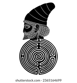 Head of ancient Persian man from Persepolis and a round spiral maze or labyrinth symbol. Creative concept. Mystery of ancient culture of Achaemenid Iran. Black and white silhouette.