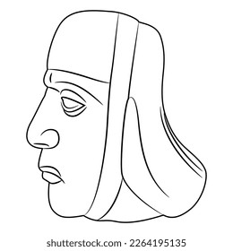 Head of ancient Peruvian man in profile. Moche portrait. Mochica pottery. Black and white linear silhouette.