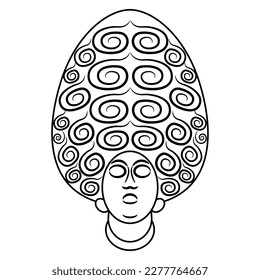 Head of ancient Roman lady wearing wig. Antique woman with elaborate hairstyle. Funny female portrait. Black and white linear silhouette.