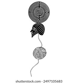 Head of ancient Sumerian man with a round spiral maze or labyrinth symbol and a yarn ball. Mesopotamian  Theseus. Ariadne's thread. Mythological philosophical design. Black and white silhouette.