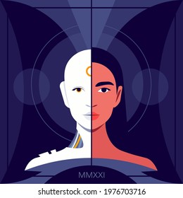 The head of the android robot and face of the young woman. Artificial Intelligence and people. Future technologies. Vector flat illustration