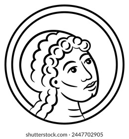 Head of an angel in round nimbus. Christian symbol. Black and white linear silhouette.