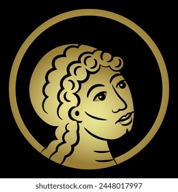 Head of an angel in round nimbus. Christian symbol. Black and gold silhouette.