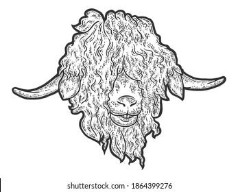 Head Angora goat. Engraving vector illustration. Sketch scratch board imitation.