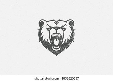 Head angry bear roaring as symbol power wildlife hand drawn stamp effect vector illustration. Vintage grunge texture on old paper for poster or label decoration.