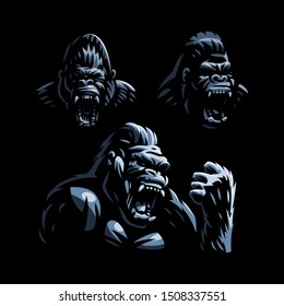 Head of an angry gorilla. Gorilla opened her mouth. Set of Vector illustrations.