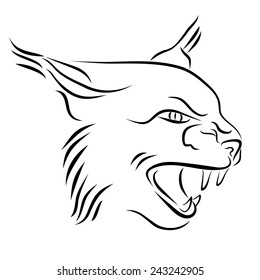 Head of angry lynx. Black and white illustration with head of wild cat with bared teeth. Hand drawn sketch. Ink painting. Design element useful for logo. Vector file is EPS8.