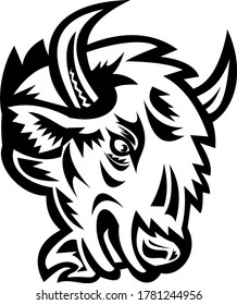 Head of an Angry North American Bison or American Buffalo Mascot Black and White