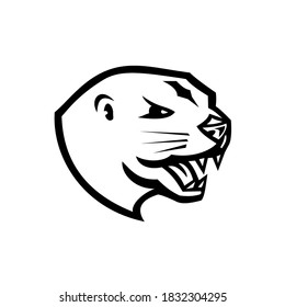 Head of Angry North American River Otter or the Northern River Otter Mascot Retro Black and White