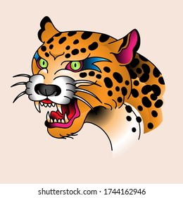 Head of angry roaring leopard, colorful illustration at oldschool tattoo style
