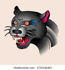 Head of angry roaring panther, colorful illustration at oldschool tattoo style