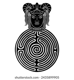 Head of antique deity wearing horned helmet on top of a round spiral maze or labyrinth symbol. Creative mythological concept. Black and white silhouette.