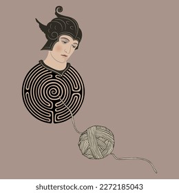 Cabeza de héroe antiguo en un laberinto o laberinto de espiral redondo y una bola de hilo. Éstos. Hilo de Ariadne. Concepto mitológico creativo. 