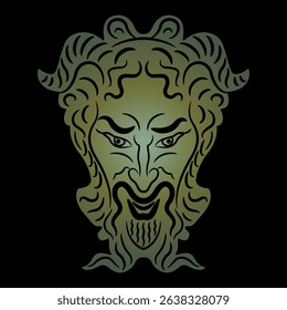 Head of antique horned god Pan or Satyr. Green mask on black background.