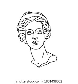 Head of an antique statue. Plaster sculpture of a woman. The symbol of love and beauty. Line art minimal concept. Vector illustration isolated on white background tattoo flash design