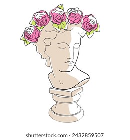 head of an antique statue in a wreath of roses