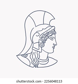 Head of an antique warrior in a linear style. Ancient Greek mythological character for design of clothes, posters, books. Vector illustration of classical marble sculpture on isolated background.